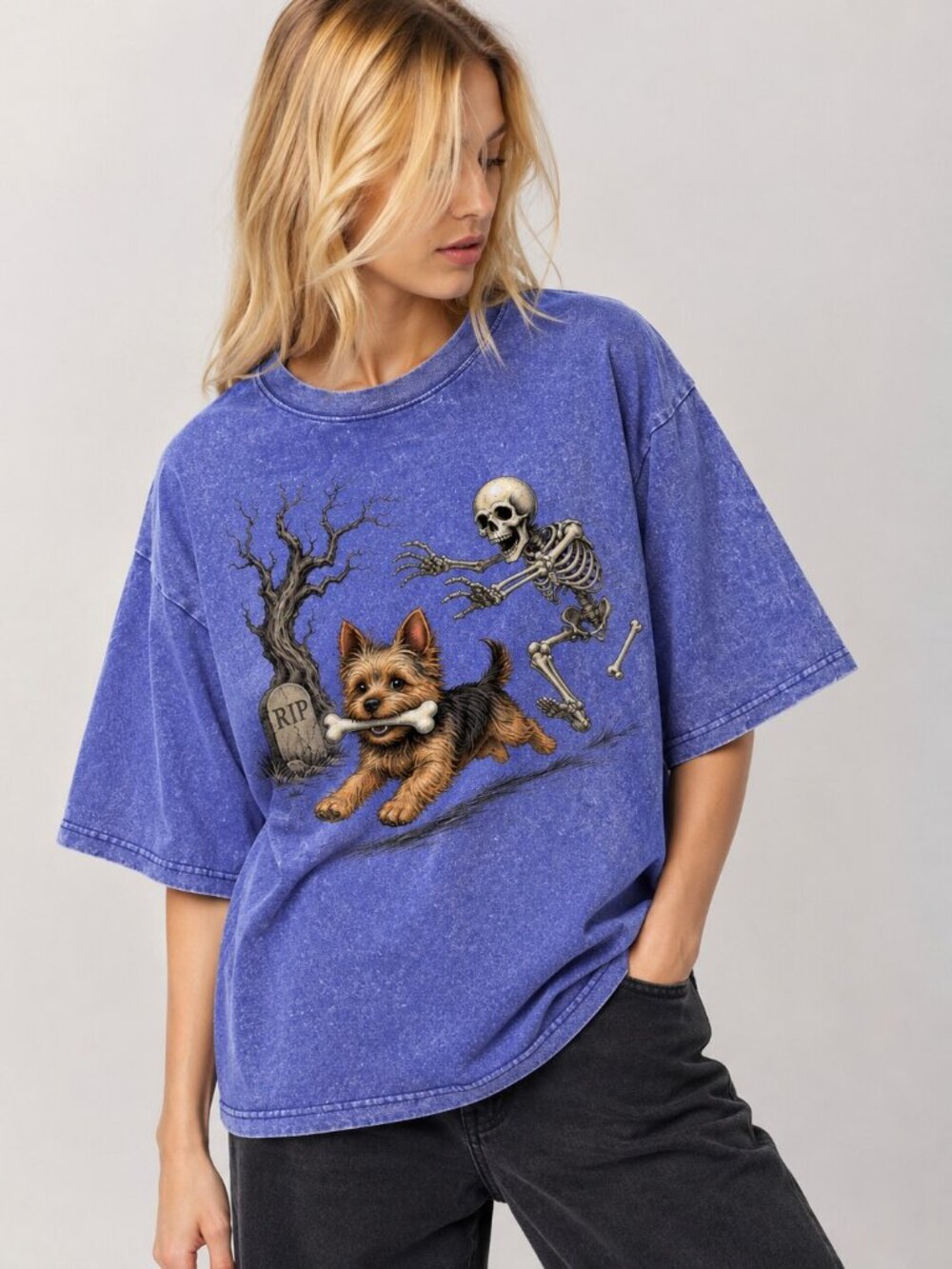 Spooky Dog Halloween Shirt, Vintage Washed Oversize, Yorkie Skeleton Graphic Tee